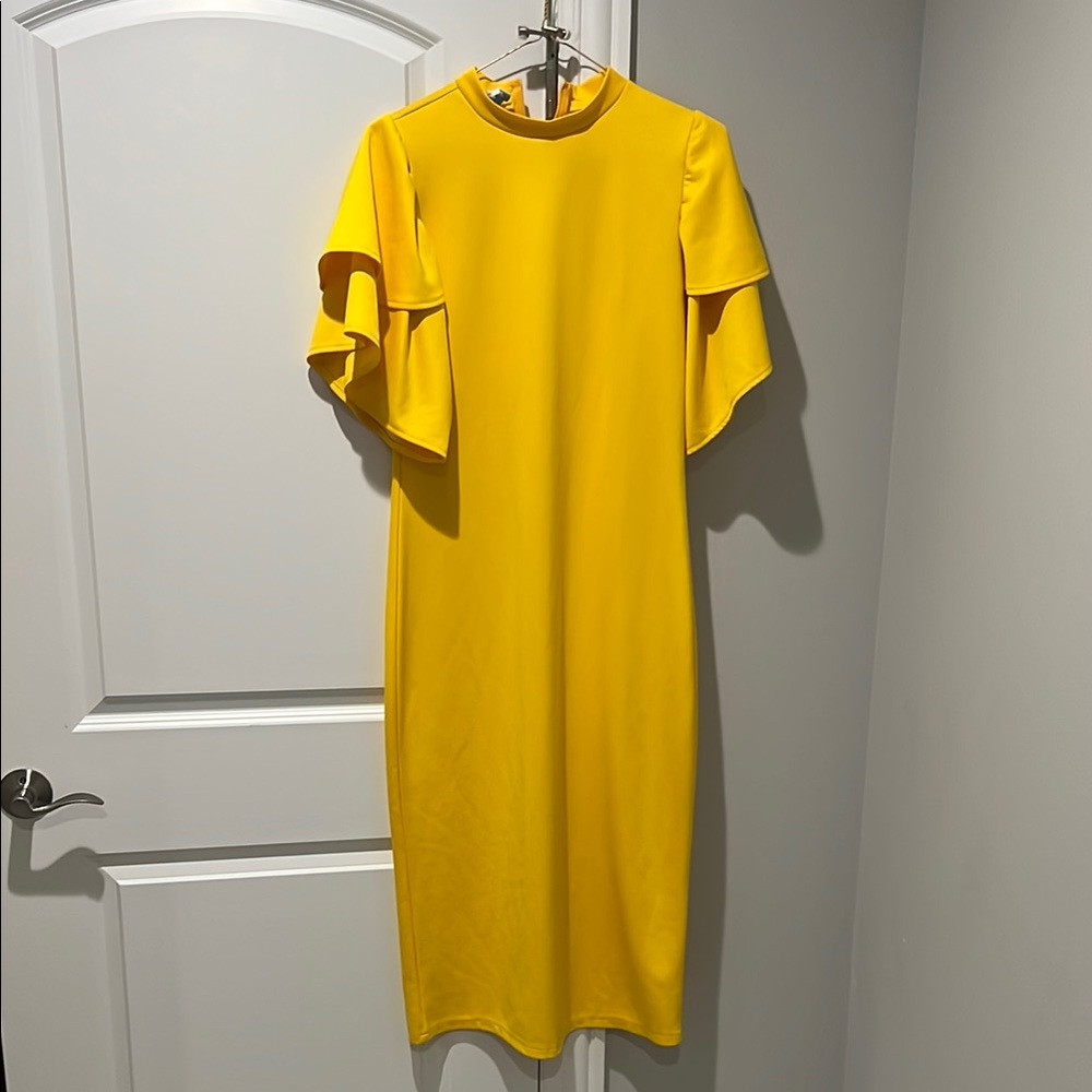Yellow Flutter Sleeve Mock Neck Sheath Dress